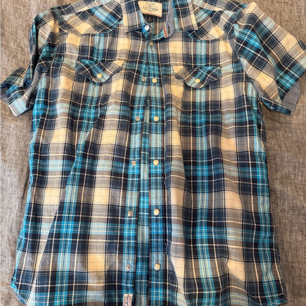 Men's Casual Plaid Button Down Shirt - Blue and Tan